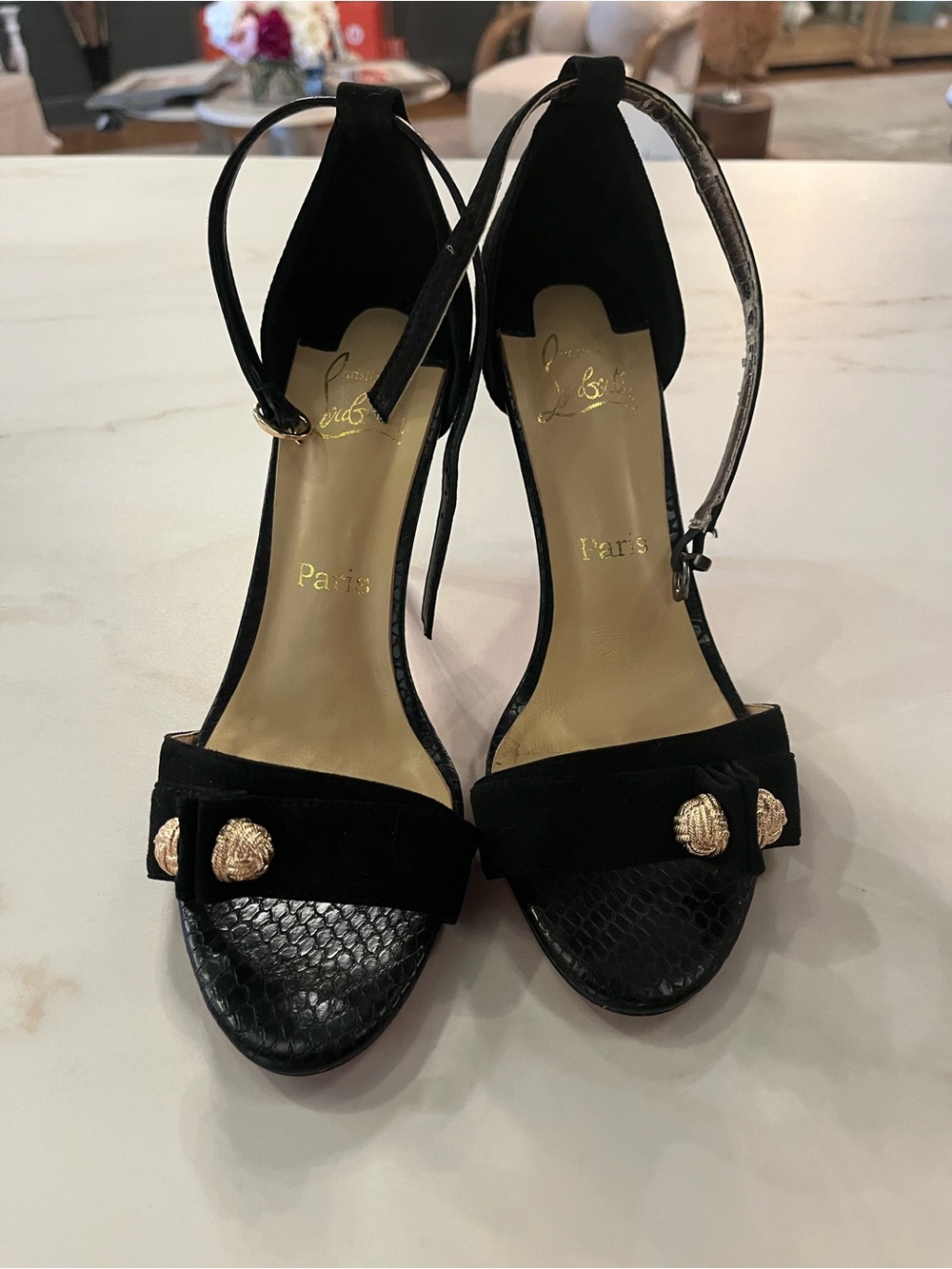 Christian Louboutin Black Suede & Black Snakeskin Gold-Accent Heels